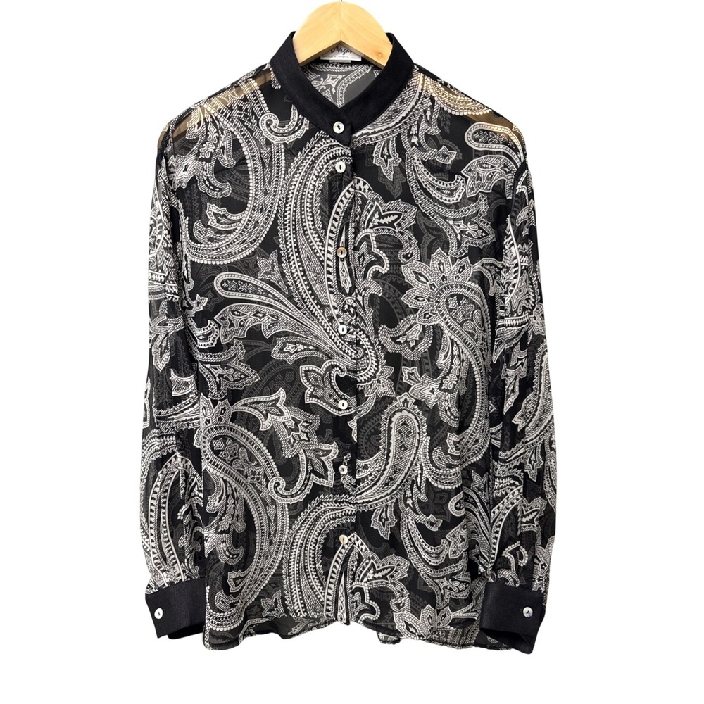 Vintage D'Vegas Silk Linen Button Down Women M Black Paisley Sheer Blouse Whimsi